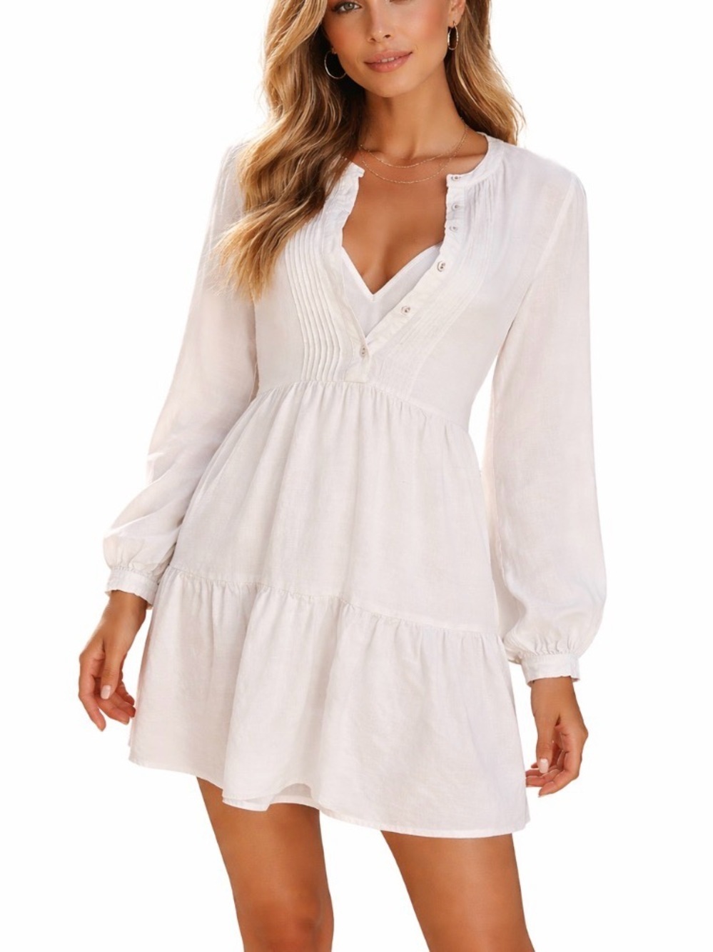 Love Stitch White Tiered Pintuck V-Neck Tunic Dress lightweight long sleeve SZ S